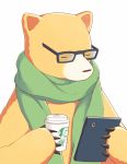  amayadori_machi animal bear bespectacled black-framed_glasses character_print closed_eyes coffee coffee_cup cup glasses green_scarf holding_cup kumamiko natsu_(kumamiko) no_humans print_cup scarf sebastian_(artist) simple_background solo starbucks upper_body white_background 