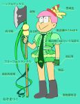  1boy :&gt; alternate_hair_color axe boots constricted_pupils fingerless_gloves gloves green_eyes green_necktie magical_boy male_focus matahei matsuno_choromatsu necktie osomatsu-kun osomatsu-san pink_hair puffy_short_sleeves puffy_sleeves short_sleeves shorts solo translation_request weapon 