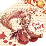  1girl arche_klein belt broom broom_riding detached_sleeves fireball long_hair long_sleeves namuko open_mouth ponytail red_eyes redhead skirt smile solo star tales_of_(series) tales_of_phantasia very_long_hair 