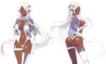  1girl ass breasts cleavage dark_skin elbow_gloves ellelecia gloves jewelry large_breasts long_hair looking_at_viewer ma-ko_hunter multiple_views munashi_mujou parted_lips pointy_ears simple_background smile thigh-highs violet_eyes white_background white_gloves white_legwear 