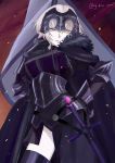  1girl absurdres armor black_legwear breasts fate/grand_order fate_(series) g_bow_wow gauntlets grey_hair hand_on_hip helmet highres jeanne_alter looking_at_viewer pale_skin ruler_(fate/apocrypha) ruler_(fate/grand_order) sheath sheathed short_hair smile solo sword thigh-highs twitter_username weapon yellow_eyes 