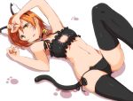  1girl :o animal_ears armpits arms_up bare_arms bare_shoulders bell black_bra black_legwear black_panties black_ribbon blush bra cat_cutout cat_ears cat_lingerie cat_tail choker cleavage_cutout collarbone flat_chest hand_on_forehead head_tilt hoshizora_rin jingle_bell kemonomimi_mode leg_up looking_at_viewer love_live!_school_idol_project midriff navel orange_hair panties parted_lips paws ribbon sen_(sen0910) short_hair side-tie_panties simple_background solo stomach tail underwear white_background 