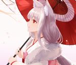  1girl animal_ears bangs blunt_bangs branch cherry_blossoms collarbone eyebrows eyebrows_visible_through_hair eyeshadow fur_trim gradient gradient_background holding japanese_clothes kimono lips long_sleeves looking_up makeup note_(aoiro_clip) oriental_umbrella original parasol profile red_eyes sidelocks silver_hair solo tears umbrella upper_body 