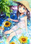  1girl absurdres bracelet brown_hair dress flower hat highres hose jewelry long_hair open_mouth original petals pool sailor_collar see-through sino_hara sitting smile solo straw_hat sunflower twintails wading_pool water wet wet_clothes 