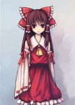  1girl ascot bare_shoulders bow brown_eyes brown_hair detached_sleeves expressionless frilled_skirt frills grey_background hair_bow hair_tubes hakurei_reimu lavender_background lencokoey long_hair looking_at_viewer no_nose red_bow red_ribbon red_skirt ribbon skirt sleeves_past_wrists solo touhou 