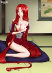  1girl absurdres artist_name bare_shoulders breasts cleavage cushion fairy_tail flare_corona hair_over_shoulder highres ishthak japanese_clothes kimono large_breasts long_hair looking_at_viewer off_shoulder painting_(object) red_eyes redhead scar sitting solo tattoo tattooed_breast twintails very_long_hair watermark 