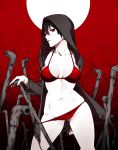  1girl arisawa_kuro ass_visible_through_thighs bikini bikini_pull black_hair breasts collarbone cowboy_shot highres hood hooded_jacket jacket large_breasts lead_pipe moon navel original red_bikini red_eyes solo swimsuit white_skin 