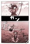  1girl airplane alternate_costume bow_(weapon) comic japanese_clothes kantai_collection ryuujou_(kantai_collection) shigemitsu_jun twintails weapon 