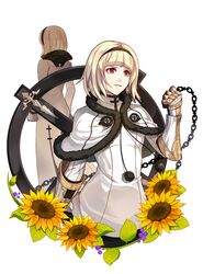  1girl armor bangs blonde_hair blunt_bangs chain clenched_hand drag-on_dragoon drag-on_dragoon_3 earrings facial_mark facing_away flower forehead_mark gauntlets gloves hairband jewelry kllsiren one_(drag-on_dragoon) red_eyes short_hair simple_background smile sunflower weapon white_background 