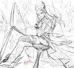  1girl 2016 :d absurdres animal_ears artist_name asymmetrical_legwear cat_ears d-joel dated dress elbow_gloves gloves granblue_fantasy greyscale hair_ornament highres holding korwa long_hair looking_at_viewer monochrome open_mouth paper quill sitting sketch smile solo thigh-highs 