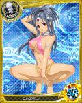  1girl armlet artist_request blue_background brown_eyes card_(medium) character_name chess_piece circlet covered_nipples dark_skin earrings grey_hair high_school_dxd jewelry long_hair official_art pawn shuriya_(high_school_dxd) solo swimsuit trading_card 