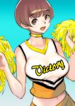  1girl breasts brown_eyes brown_hair cheerleader clothes_writing crop_top dtym gradient gradient_background highres large_breasts looking_at_viewer midriff miniskirt navel open_mouth original pleated_skirt pom_poms shirt skirt sleeveless sleeveless_shirt solo 