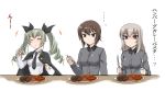  ... 3girls anchovy blush cape curry dress_shirt drill_hair eating food fork girls_und_panzer green_hair grey_shirt hamburger holding itsumi_erika knife long_hair long_sleeves multiple_girls necktie nishizumi_maho pasta school_uniform shirt sitting smile spoon table translated twin_drills twintails wanyan_aguda white_background white_shirt 