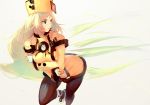  1girl blonde_hair breast_hold fur_hat gloves guilty_gear guilty_gear_xrd hat jacket long_hair looking_to_the_side millia_rage pantyhose shoes solo standing_on_one_leg ushanka very_long_hair white_gloves white_shoes yellow_hat yellow_jacket yoshitake 