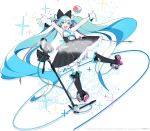  1girl alternate_costume aqua_eyes aqua_hair copyright dress gloves guitar hatsune_miku headset highres instrument lena_(zoal) long_hair magical_mirai_(vocaloid) microphone official_art open_mouth phonograph smile solo twintails very_long_hair vocaloid white_background white_gloves 