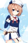  1girl alternate_costume blanc blue_eyes blush brown_hair feathers haru_blanc0316 hat highres looking_at_viewer neptune_(series) ribbon short_hair solo staff 