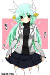  1girl alternate_costume alternate_hairstyle blush casual fate/grand_order fate_(series) green_hair hair_ornament jewelry kiyohime_(fate/grand_order) long_hair long_sleeves nagisa_moa necklace skirt solo thigh-highs type-moon 