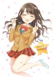  1girl :d ^_^ blazer brown_hair cherry_blossoms closed_eyes double_v glass_slipper half_updo happy_birthday hym9594 idolmaster idolmaster_cinderella_girls jacket jumping no_socks one_side_up open_mouth petals shimamura_uzuki side_ponytail skirt smile solo star v 