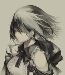  1girl bangs bemanilovers black_rose character_request drawr expressionless flower frills grey_background greyscale hair_between_eyes looking_away mole mole_under_eye monochrome rose sepia short_hair simple_background sleeveless solo wind wing_collar 