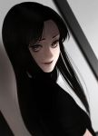  1girl aconitea bangs black_eyes black_hair blurry depth_of_field dutch_angle eyelashes highres long_hair looking_at_viewer mole mole_under_eye parted_bangs parted_lips short_sleeves smile solo tomie tomie_kawakami upper_body 