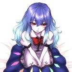  1girl between_legs blue_hair blush bow dress facing_viewer gradient_hair hands_clasped hinanawi_tenshi layered_dress long_hair looking_away miata_(pixiv) multicolored_hair no_hat open_mouth pale_skin red_eyes seiza shy sitting small_breasts solo touhou v_arms very_long_hair 