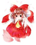  1girl adjusting_hair ascot blurry bow buruma_(artist) depth_of_field hair_bow hair_tubes hakurei_reimu orange_eyes petals red_bow red_skirt skirt skirt_set solo touhou white_background 