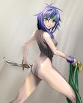  1girl ass back bangs blush closed_mouth faris_scherwiz final_fantasy final_fantasy_v green_eyes grey_background hair_between_eyes headband holding holding_clothes holding_sword holding_weapon legs_apart leotard long_hair looking_at_viewer purple_hair shijima_(tanfn) short_sword sleeveless solo standing sword weapon wrist_cuffs 