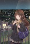  1girl bangs black_legwear blush brown_eyes brown_hair building city cityscape coat commentary_request long_hair looking_at_viewer mikkii night night_sky original outdoors pantyhose pleated_skirt scarf scenery school_uniform skirt sky solo star_(sky) starry_sky unohana_kotoha 