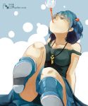  1girl arm_support artist_name bare_shoulders black_panties blue_boots blue_eyes blue_hair boots breasts bubble bubble_background bubble_blowing clothes_around_waist collarbone dated fuyu_banana hair_bobbles hair_ornament highres jewelry kawashiro_nitori key key_necklace large_breasts leg_up looking_up mouth_hold no_hat no_headwear panties rubber_boots shirt shirt_around_waist short_hair sitting solo strap_slip tank_top touhou two_side_up underwear 