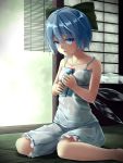  1girl bare_arms bare_shoulders barefoot bloomers blue_eyes blue_hair bow chemise cirno collarbone hair_bow highres ice ice_wings looking_at_viewer open_door open_mouth pokio ramune see-through shirt short_hair sitting small_breasts solo sweat tatami touhou underwear underwear_only wariza wet wet_bloomers wet_clothes wet_shirt wings 