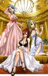  3girls adjusting_hair black_eyes blonde_hair blue_hair bracelet breasts brown_eyes cleavage clenched_hand dress earrings elbow_gloves erza_scarlet fairy_tail frown gloves hand_on_another&#039;s_shoulder highres jewelry juvia_lockser kneeling large_breasts long_hair looking_at_viewer lucy_heartfilia mashima_hiro multiple_girls necklace pink_dress pink_gloves ponytail redhead sandals scarf short_hair side_slit sitting smile smirk stairs tattoo white_dress 