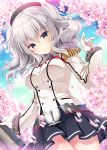  1girl anchor_symbol blue_sky breasts cherry_blossoms clouds cowboy_shot epaulettes gloves grey_eyes hat jacket kantai_collection kashima_(kantai_collection) kino_(kino_konomi) large_breasts long_hair long_sleeves looking_at_viewer military military_uniform petals pleated_skirt silver_hair skirt sky smile solo thighs twintails uniform wavy_hair white_gloves 