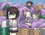  3girls absurdly_long_hair box clipboard commentary crate dated drum_(container) elbow_gloves fan flying_sweatdrops gloves hair_ornament hamu_koutarou hatsuharu_(kantai_collection) hayasui_(kantai_collection) holding holding_fan jacket kantai_collection long_hair mask multiple_girls ponytail purple_hair remodel_(kantai_collection) scarf sendai_(kantai_collection) short_hair skirt sleeveless smile steel_ingot track_jacket two_side_up very_long_hair white_scarf writing 