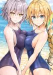  2girls 3: ahoge bangs beach blonde_hair blue_eyes blush braid breast_press breasts cleavage clouds cloudy_sky collarbone competition_school_swimsuit cowboy_shot day eyebrows_visible_through_hair fate/grand_order fate_(series) hair_ribbon hand_holding jeanne_d&#039;arc_(alter)_(fate) jeanne_d&#039;arc_(fate) jeanne_d&#039;arc_(fate)_(all) kotatsu_(kotatsu358) large_breasts long_hair looking_at_viewer multiple_girls ocean one-piece_swimsuit outdoors purple_swimsuit ribbon sideboob silver_hair sky swimsuit v-shaped_eyebrows yellow_eyes 