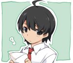  1boy ahoge araragi_koyomi black_eyes black_hair closed_mouth collared_shirt flying_sweatdrops green_background hammer_(sunset_beach) highres holding letter looking_at_viewer male_focus monogatari_(series) necktie red_necktie shirt simple_background solo upper_body white_shirt younger 
