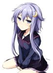  1girl between_legs black_serafuku blue_eyes crescent crescent_hair_ornament don_(29219) hair_between_eyes hair_ornament hand_between_legs kantai_collection kneehighs long_sleeves looking_at_viewer pleated_skirt purple_hair school_uniform serafuku short_hair short_hair_with_long_locks sidelocks simple_background sitting skirt solo twitter_username v_arms wariza white_background yayoi_(kantai_collection) 