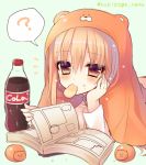  1girl ? blonde_hair blush brown_eyes doma_umaru food food_on_face hamster_costume hand_on_own_cheek himouto!_umaru-chan long_hair manga_(object) potato_chips soda_bottle solo spoken_question_mark tsukikage_nemu 