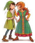  1boy 1girl anger_vein belt blue_eyes blush boots breasts brown_boots brown_hair closed_eyes curly_hair dragon_quest dragon_quest_vii dress green_hat hand_on_hip hat hero_(dq7) korokke long_hair maribel open_mouth pantyhose redhead standing sweatdrop 
