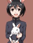  1girl animal_ears black_hair blush happy highres hiroshi_(hunter-of-kct) holding looking_at_viewer military military_uniform open_mouth rabbit rabbit_ears red_eyes shimohara_sadako short_hair simple_background smile solo strike_witches uniform upper_body 