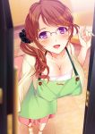  1girl apron blouse breasts brown_hair collarbone door doorway glasses hair_ornament hair_scrunchie hairclip highres indoors large_breasts leaning_forward long_hair looking_at_viewer mame_shitogi open_door open_mouth original over-rim_glasses pink-framed_glasses scrunchie semi-rimless_glasses side_ponytail skirt smile solo standing tile_floor tiles violet_eyes 
