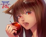  1girl animal_ears apple brown_hair chromatic_aberration close-up fangs food fruit holo long_hair red_eyes solo spice_and_wolf wolf_ears yuuten 