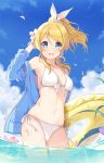  1girl 6u_(eternal_land) ayase_eli bikini blonde_hair blue_eyes blue_sky breasts clouds flower hair_flower hair_ornament hair_ribbon innertube jacket jacket_over_swimsuit looking_at_viewer love_live!_school_idol_project navel open_clothes open_jacket open_mouth partially_submerged petals ponytail ribbon shibari side-tie_bikini sky smile solo swimsuit wading water white_bikini 