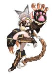  1girl animal_ears cat_ears cat_paws claws cutout dress fangs full_body granblue_fantasy grey_hair highres leg_up long_hair midriff orange_eyes paws sen_(granblue_fantasy) simple_background solo standing_on_one_leg transparent_background yggsil 