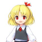  1girl blonde_hair blouse ebizome hair_ribbon highres long_sleeves looking_at_viewer parted_lips red_eyes ribbon rumia short_hair simple_background smile solo touhou upper_body vest white_background 
