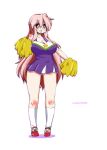  1girl blush breasts cheerleader copyright_name dress glasses large_breasts long_hair lucky_star microdress mizushima_(p201112) open_mouth pink_hair pom_poms simple_background socks solo takara_miyuki very_long_hair violet_eyes white_background wide_hips 