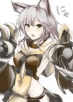  1girl :d animal_ears cat_ears cat_paws claws fang granblue_fantasy green_eyes grey_hair kz_nagomiya long_hair open_mouth paws sen_(granblue_fantasy) simple_background smile solo white_background 