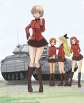  4girls assam blonde_hair blue_eyes boots bow braid crusader_(tank) darjeeling girls_und_panzer hair_bow hand_on_hip highres jacket knee_boots long_hair looking_at_viewer military military_vehicle multiple_girls orange_hair orange_pekoe outdoors pinzu rosehip short_hair skirt tank uniform vehicle 