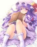  1girl bangs blunt_bangs bobby_socks book bow capelet crescent crescent_hair_ornament dress hair_bow hair_ornament hat hat_ribbon kurogarasu long_hair looking_at_viewer lying mob_cap panties patchouli_knowledge pillow purple_hair red_bow ribbon socks solo touhou underwear violet_eyes white_legwear white_panties wide_sleeves 