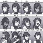  1girl blood braid crying expression_chart facial_expressions greyscale helevu hetza_(hellshock) long_hair monochrome open_mouth original sidelocks single_braid smile solo surprised tattoo tears translated 