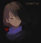  androgynous artist_name black_background blue_eyes brown_hair chara_(undertale) chibimu copyright_name evil_smile expressionless frisk_(undertale) hair_over_one_eye heart open_mouth red_eyes simple_background smile spoilers undertale when_you_see_it 
